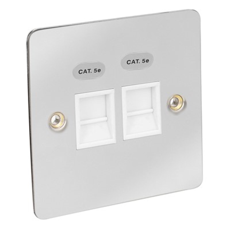 Flat Plate 2 Gang RJ45 Outlet Cat5e *Chrome/White Insert **